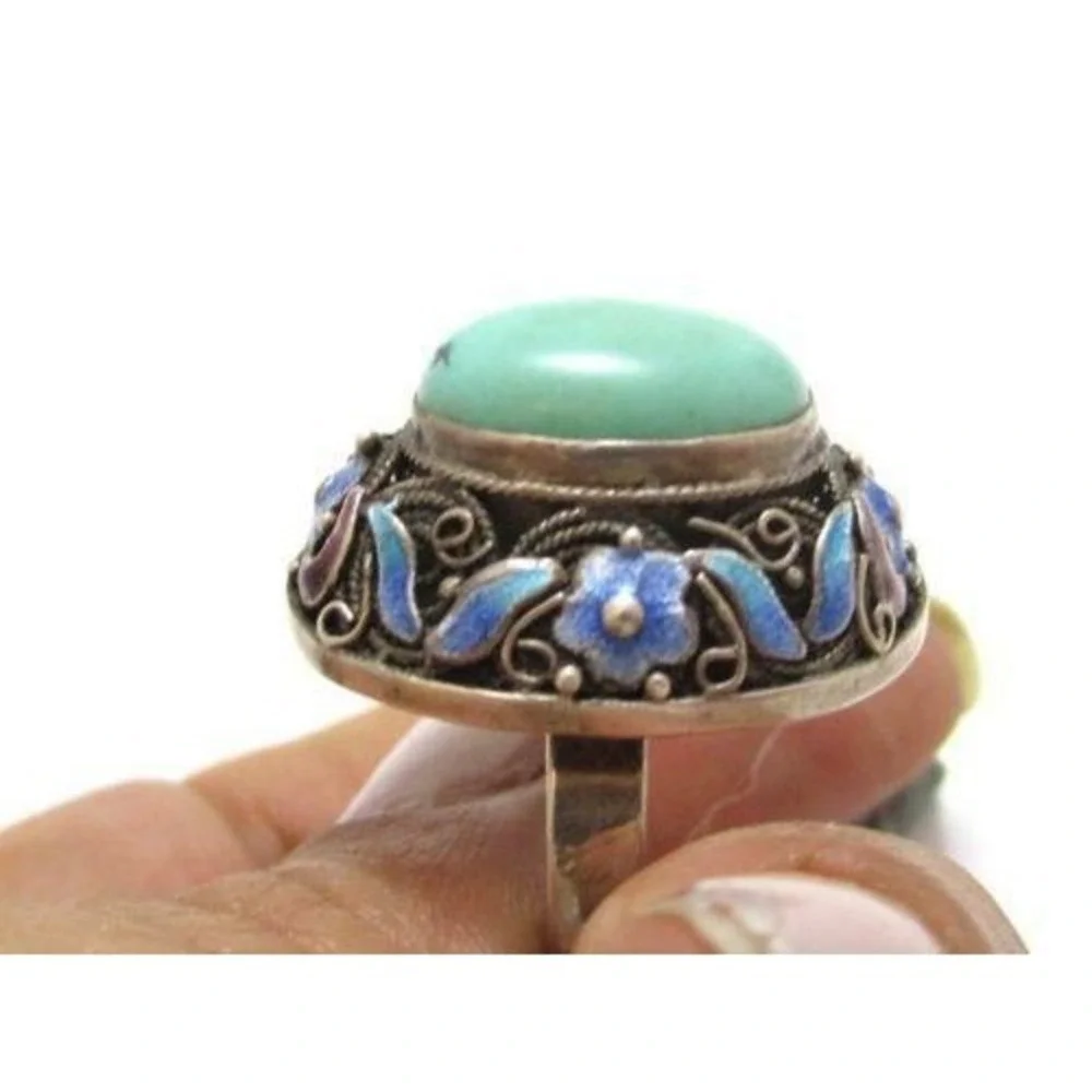 Vintage Chinese Export Enamel Flower 925 St Silver‎ Turquoise Ring*9.25